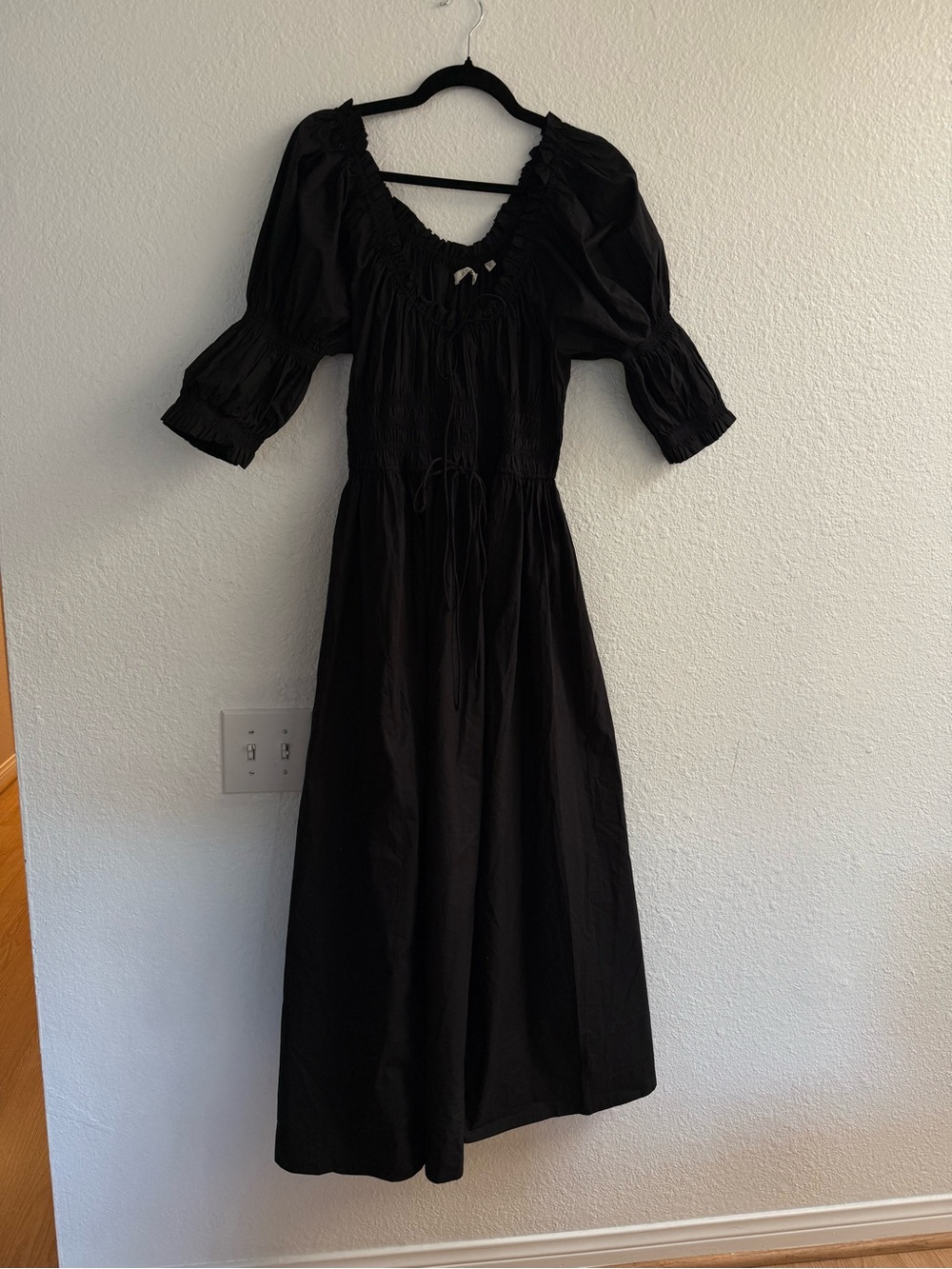 DÔEN Ischia Smocked Puff Sleeve Midi Dress Black Size XL - Picture 6 of 10
